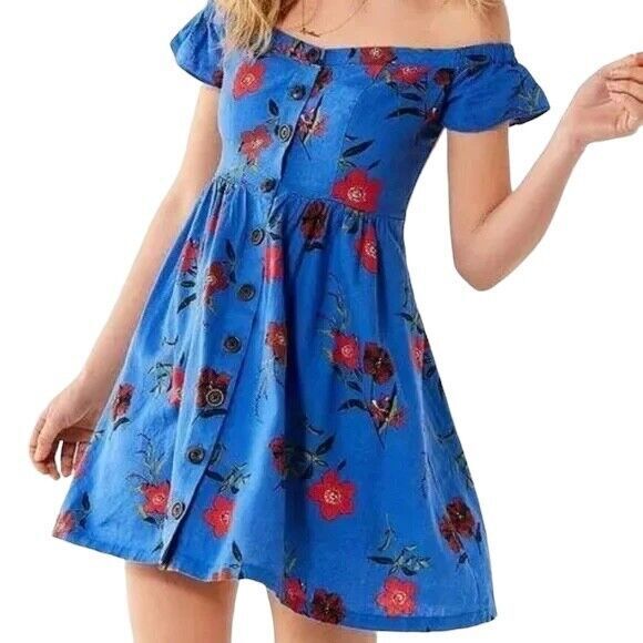 Womens Size XS Urban Outfitters Amelie Dress Blue Floral Button Down - Picture 1 of 3